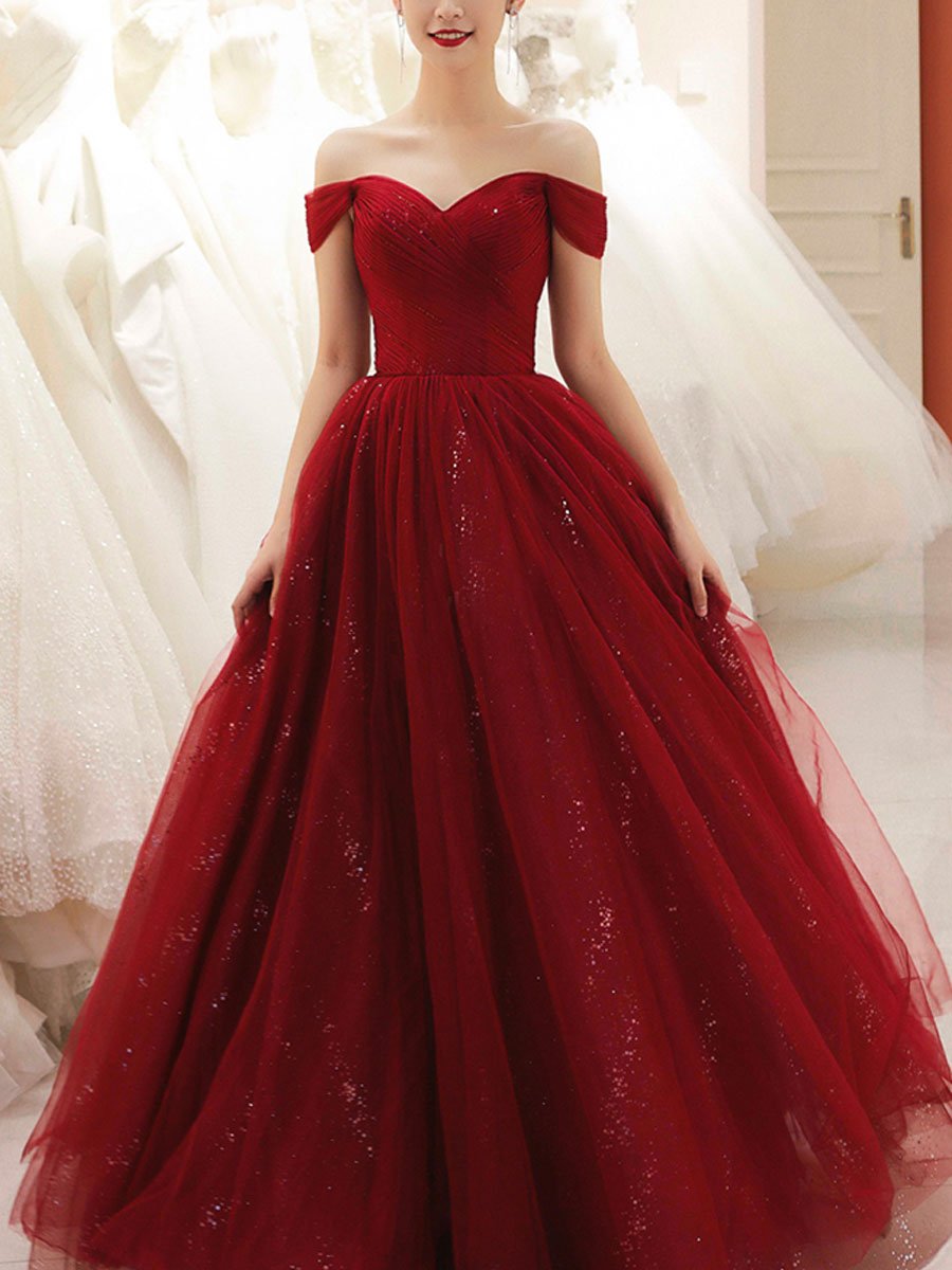 Glam Wine Red Sweetheart Tulle Shiny Long Prom Dress Party Dress