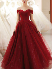 Glam Wine Red Sweetheart Tulle Shiny Long Prom Dress Party Dress