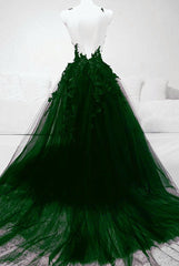Vestido de fiesta verde de tul con encaje en forma de A 