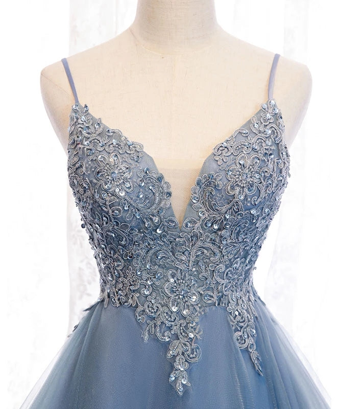 Blue High Low Tulle V-neckline Straps Party Dress with Lace