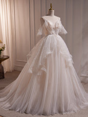 Vestido largo de fiesta de boda de tul con cuentas color marfil y corte A 