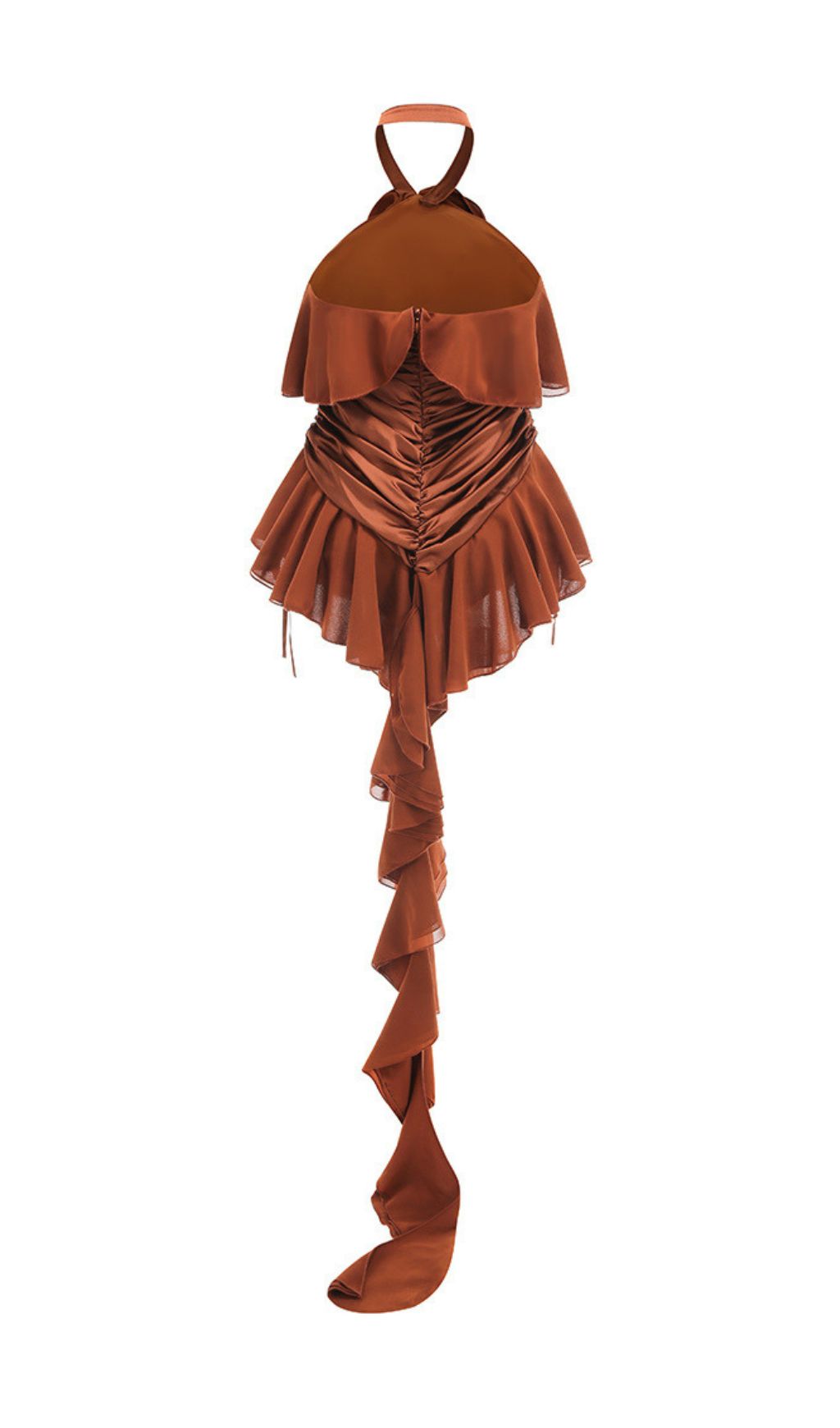 Jerom Opulent Brown Halter Ruched Mini Dress with Rosette Detail
