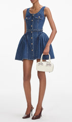Chic Button-Front Flared Denim Mini Dress with Removable Belt