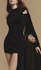 Gedalia Black Asymmetrical Cold Shoulder Mini Dress with Dramatic Drape