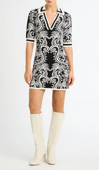 Benita Chic Black & White Patterned V-Neck Mini Dress
