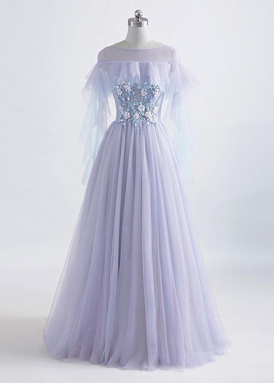 Beautiful Lavender Off Shoulder Flower Lace Long Party Dress