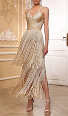Eliora Dazzling Gold Fringe Bandage Maxi Dress