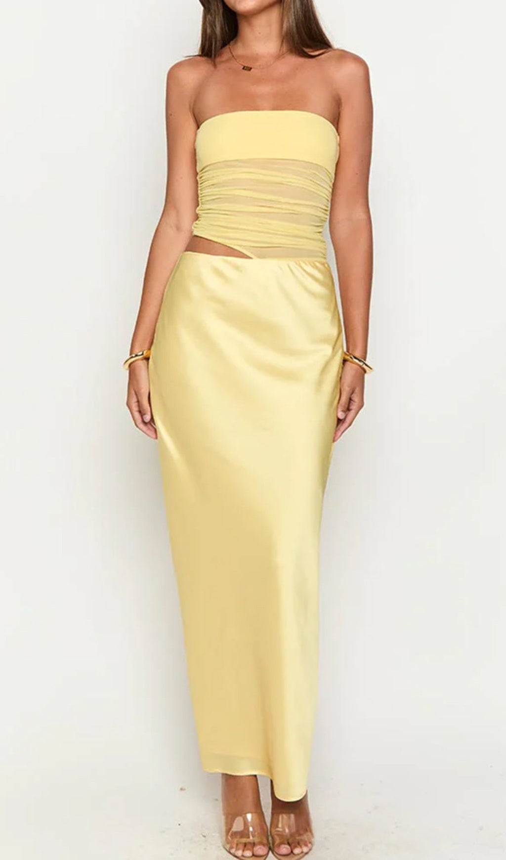 Devorit Yellow Strapless Ruched Mesh Cutout Maxi Dress