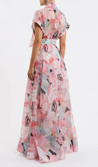Eudoxia Blush Pink Floral Maxi Dress with Bow Neck & Statement Belt