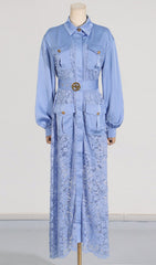 Carissa Elegant Periwinkle Lace & Belted Long Sleeve Maxi Dress