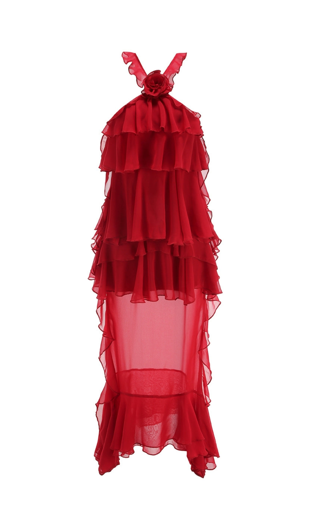 Eleri Red Ruffle Tiered Halter Maxi Dress