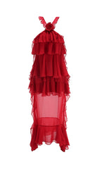Eleri Red Ruffle Tiered Halter Maxi Dress