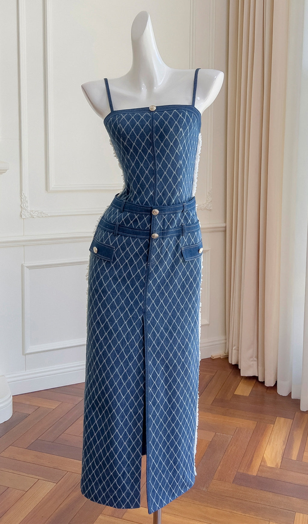 Celina Blue Quilted Denim Midi Dress