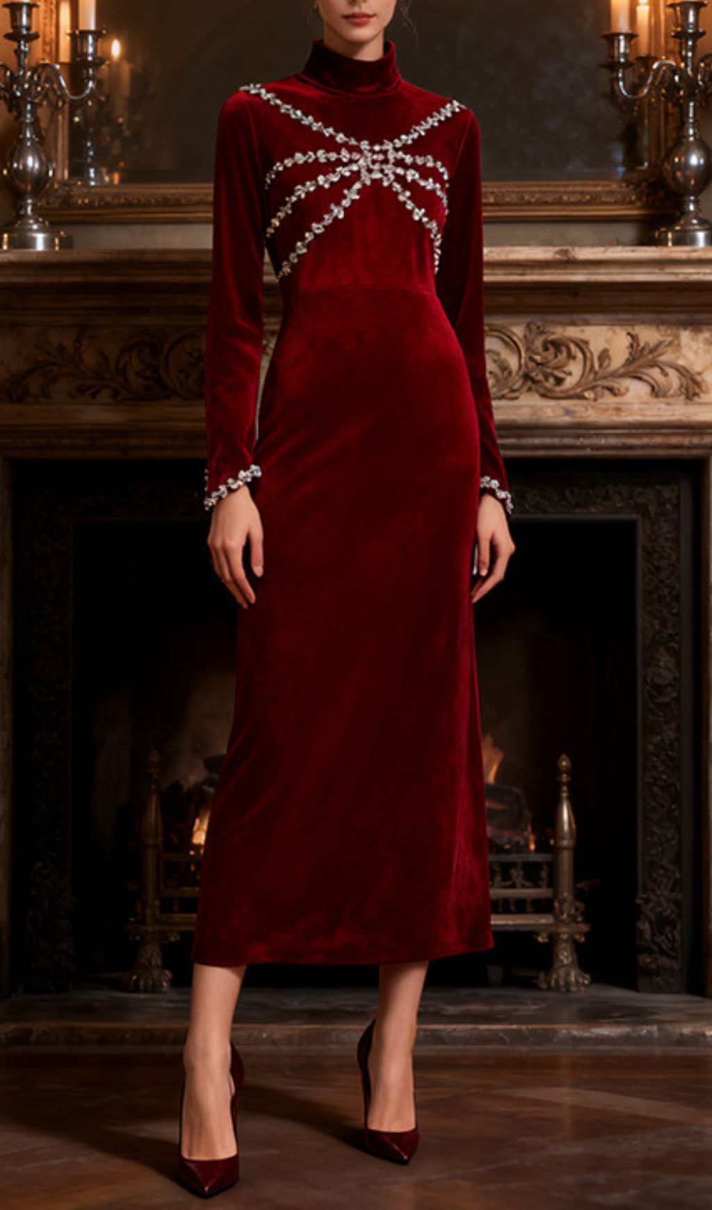 Isanne Velvet & Diamante Long Sleeve Maxi Dress