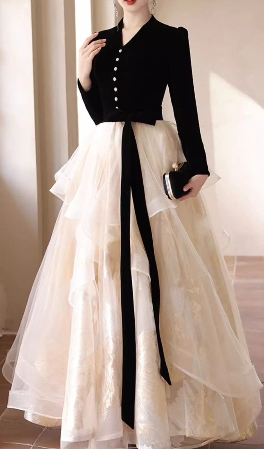 Chionia Luxe Black Velvet & Gold Shimmer Evening Gown