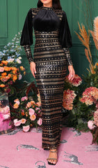 Chalise Glamorous Gold Sequin & Velvet Long Sleeve Maxi Dress