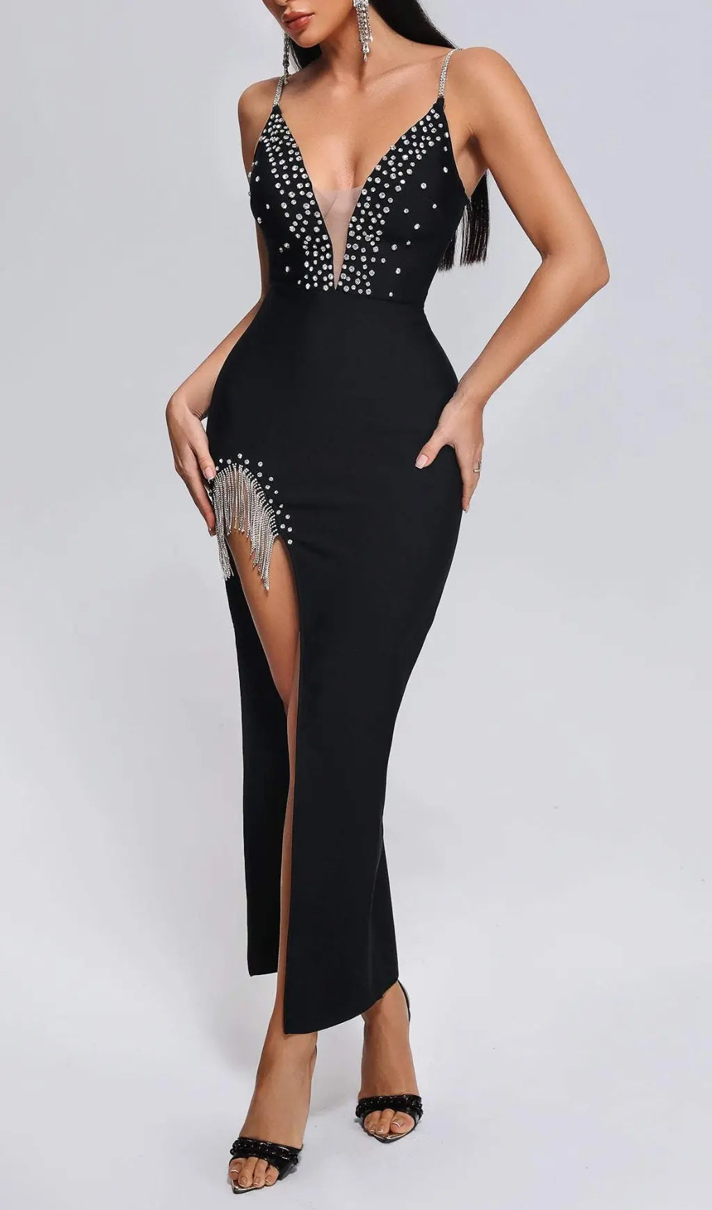 Dazzling Black Diamante High Slit Maxi Bandage Dress