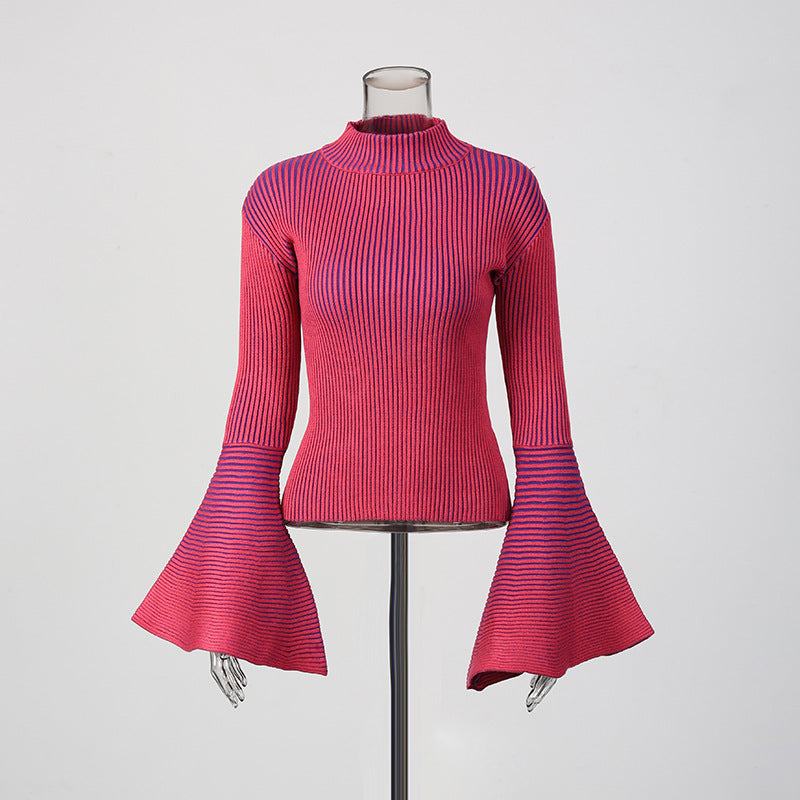 Janli Ribbed Striped Bell Sleeve Sweater