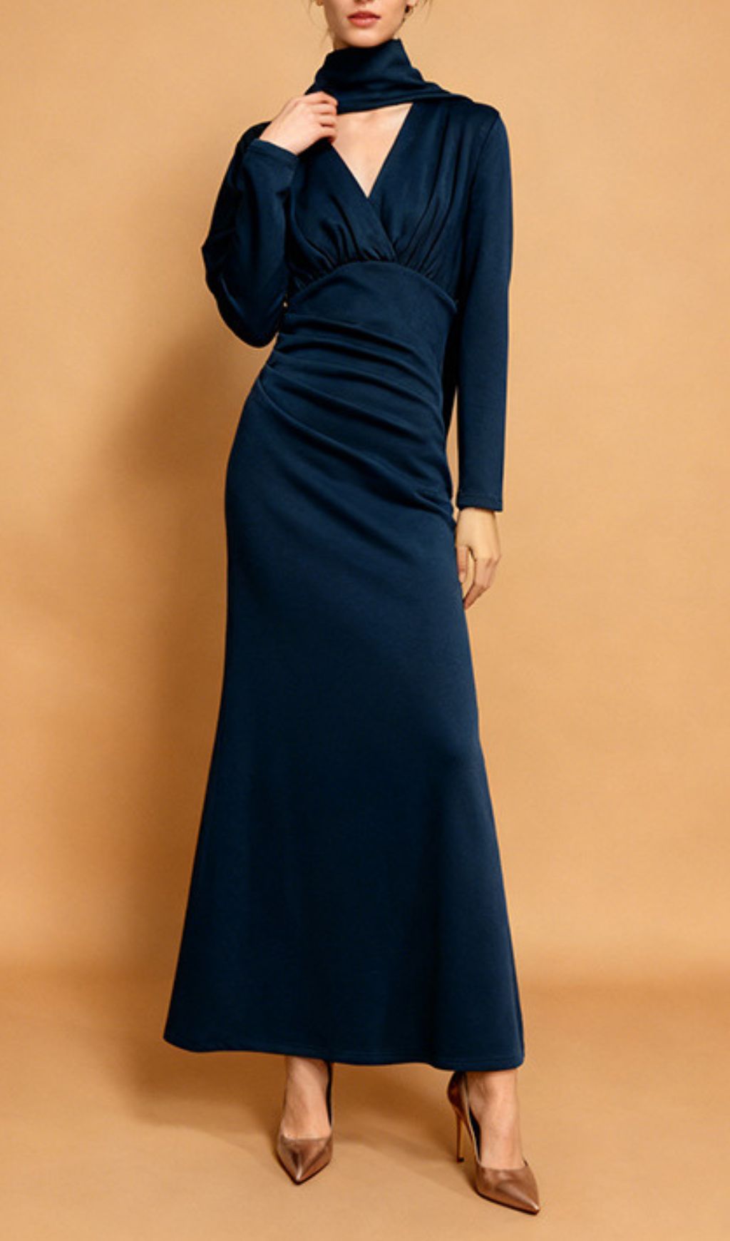 Jaana Elegant V-Neck Satin Long Sleeve Maxi Dress