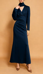 Jaana Elegant V-Neck Satin Long Sleeve Maxi Dress