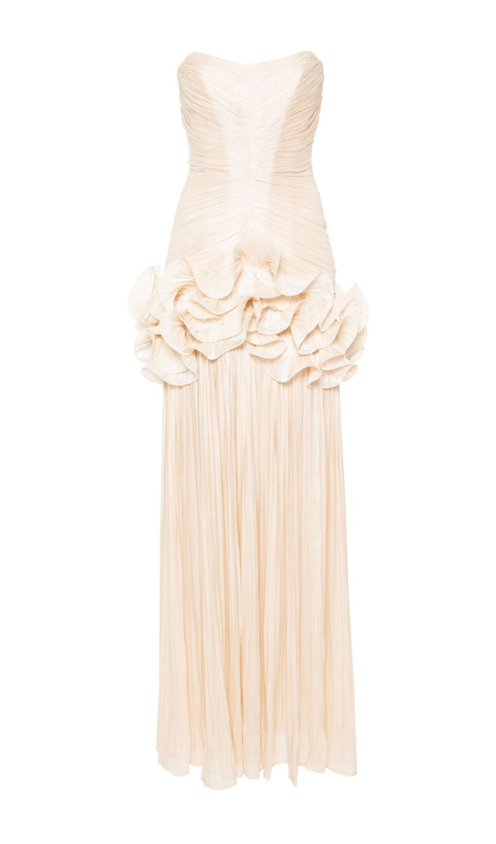 Dayna Metallic Pleated Ruffle Strapless Maxi Gown