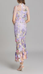 Elegant Lavender Floral Appliqu Mesh Midi Dress