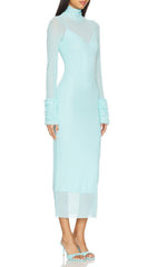 Fabunni Ethereal Aqua Blue Sheer Mesh Midi Dress