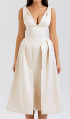 Dilanne Elegant Ivory V-Neck Midi Dress