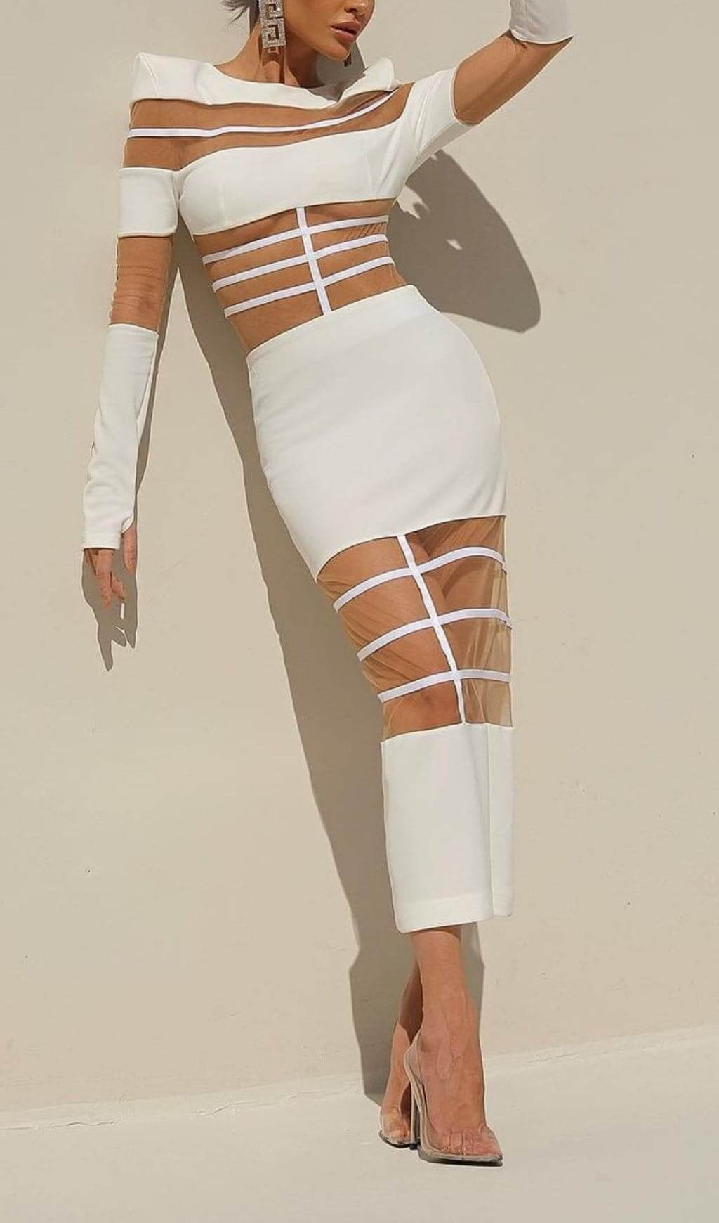 Siren White Mesh Illusion Long Sleeve Bodycon Midi Dress