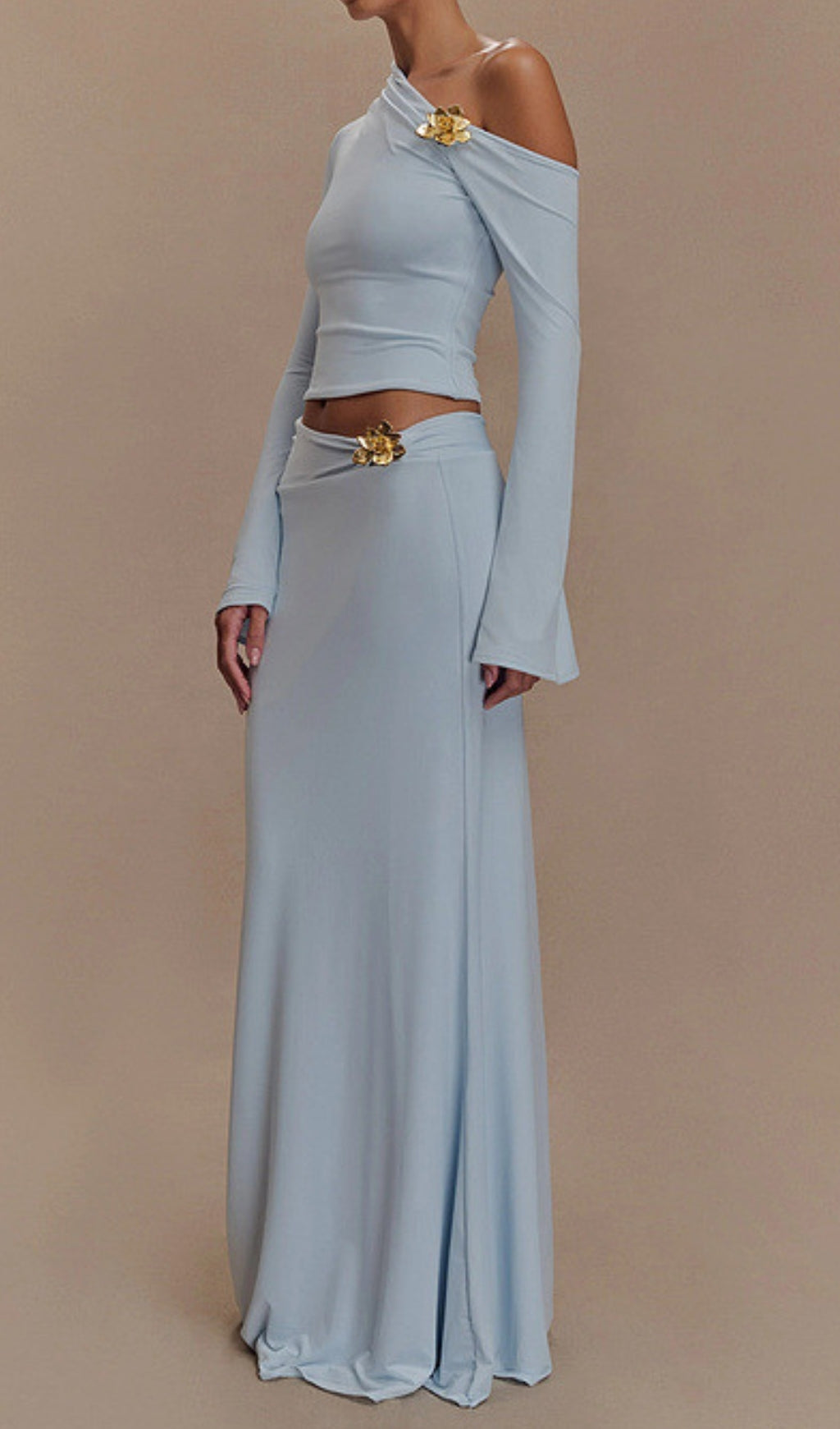 Elmarie Sky Blue One-Shoulder Crop Top & Draped Maxi Skirt Set