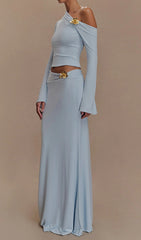Elmarie Sky Blue One-Shoulder Crop Top & Draped Maxi Skirt Set