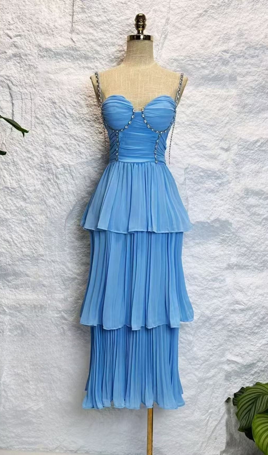 Sparkling Rhinestone Tiered Pleated Midi Dress