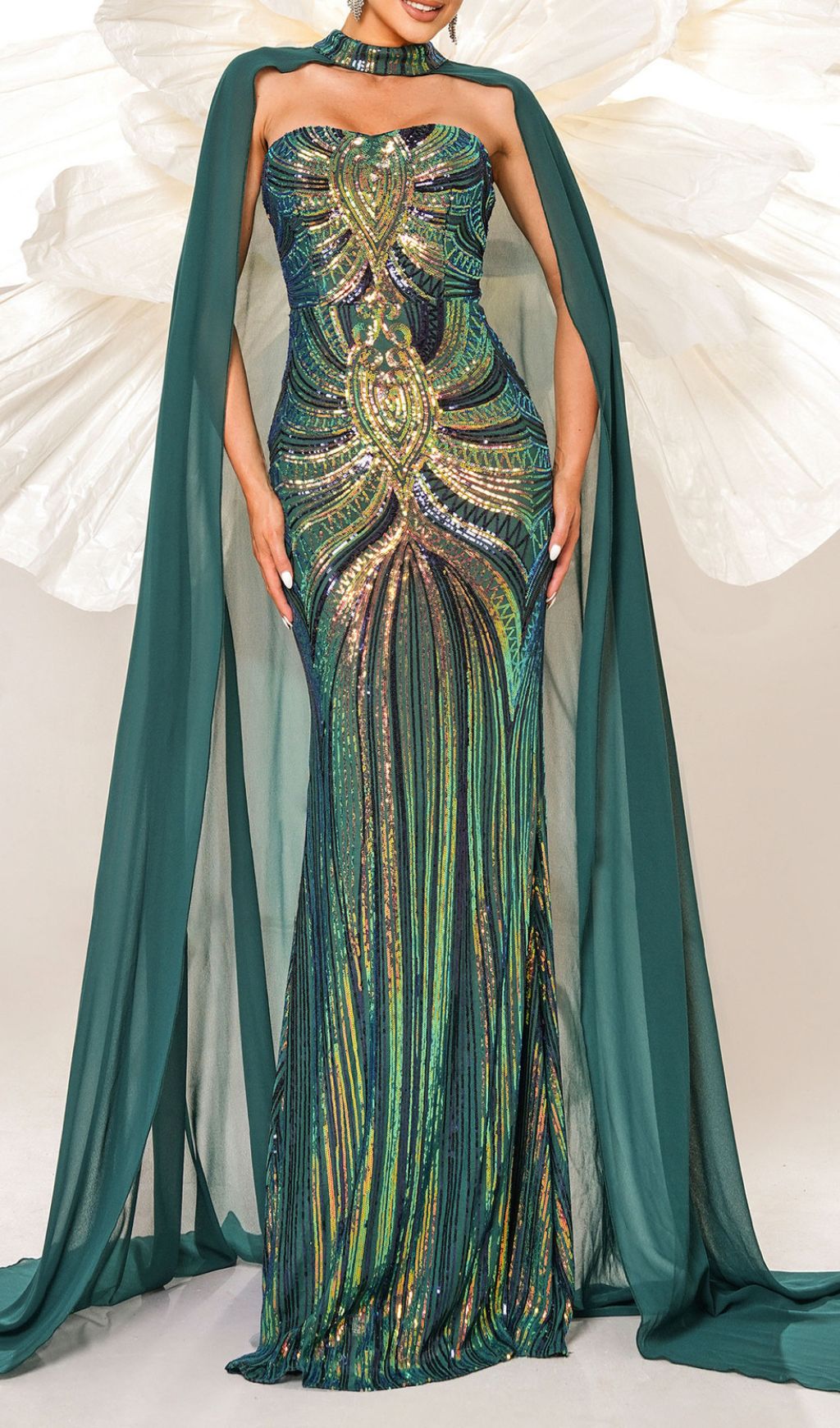 Chalice Iridescent Green Sequin Maxi Gown with Dramatic Flowing Cape