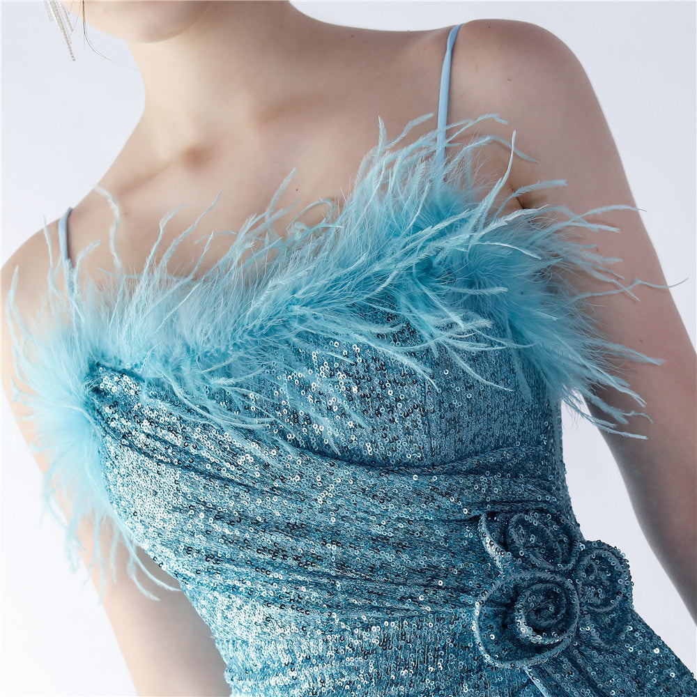 Dazzling Aqua Blue Sequin Feather Maxi Gown with High Slit