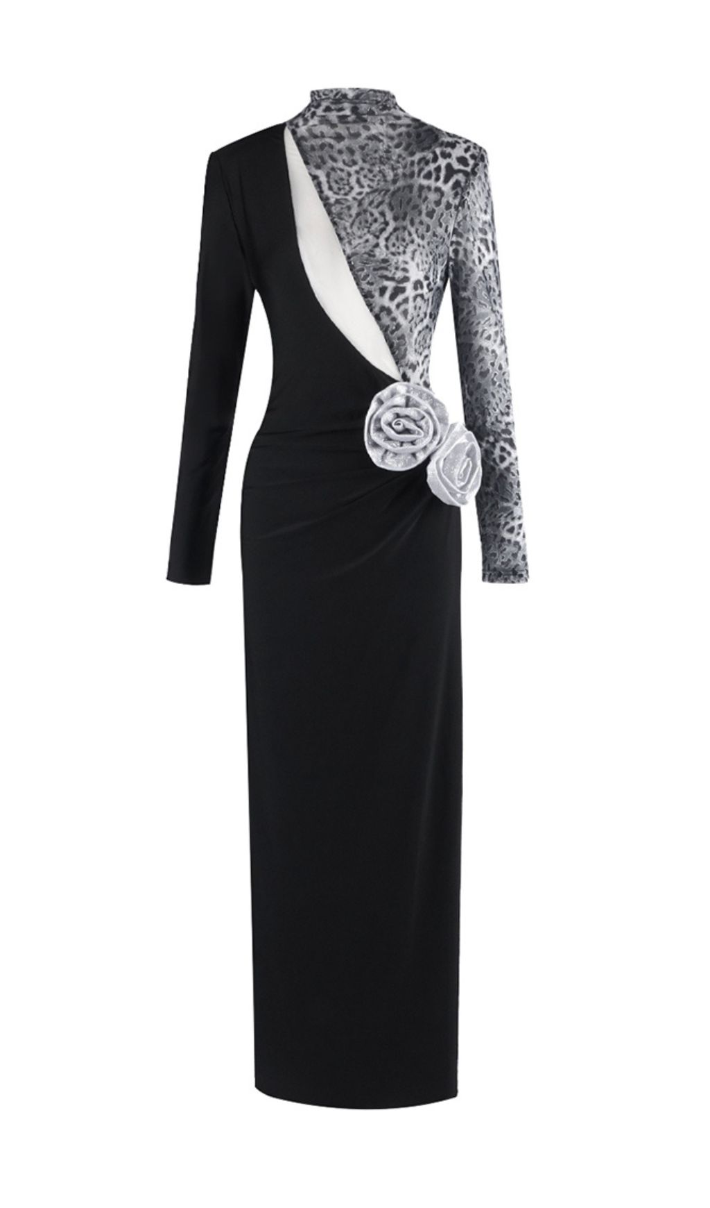 Faye Leopard & Black Asymmetrical Maxi Dress with 3D Rosettes