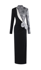 Faye Leopard & Black Asymmetrical Maxi Dress with 3D Rosettes