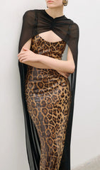 Jarrell Dazzling Leopard Sequin Maxi Gown with Dramatic Cape