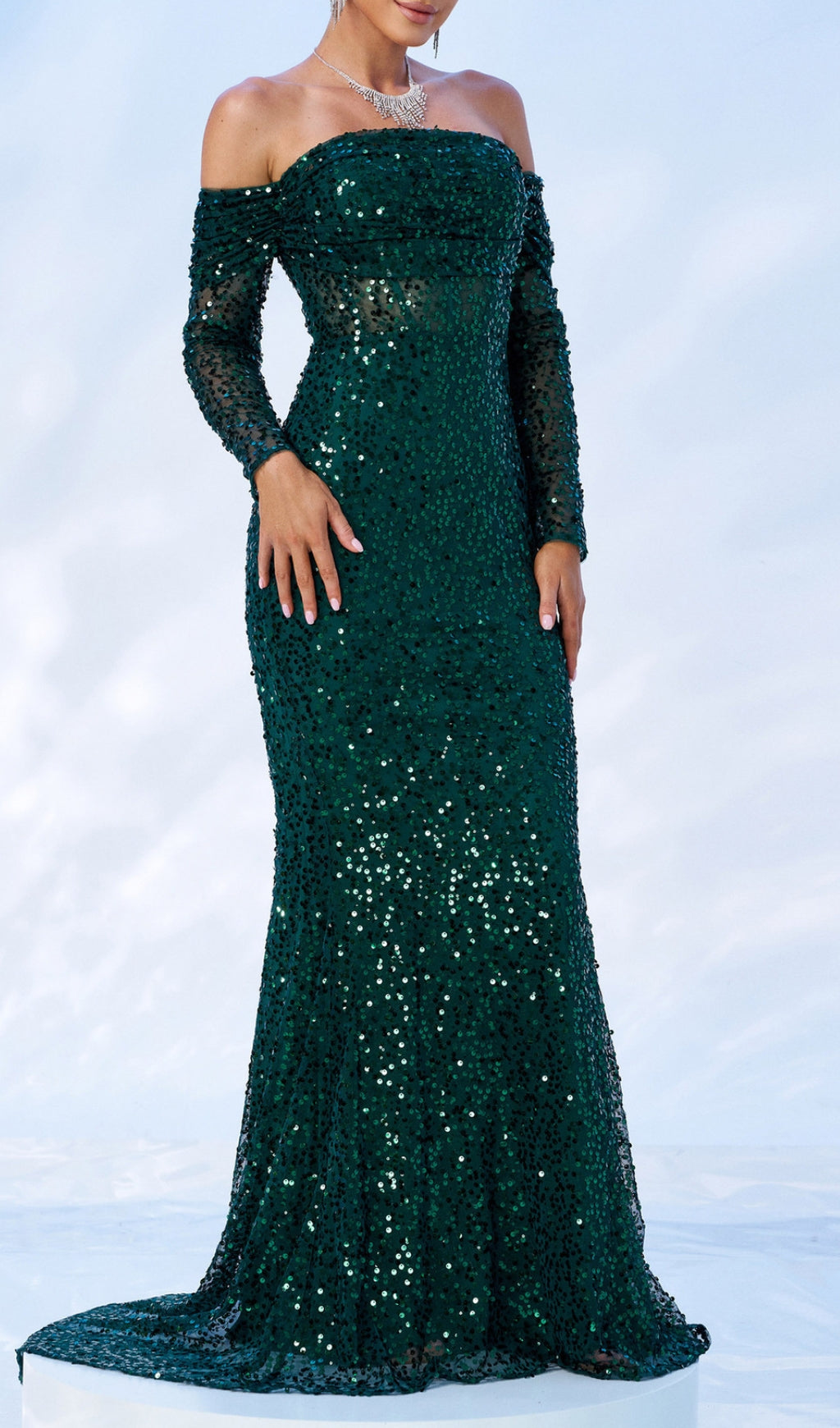 Corbett Emerald Green Sequin Off-Shoulder Mermaid Maxi Gown