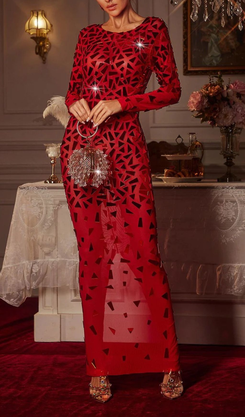 Guthrie Dazzling Geometric Sequin Long Sleeve Maxi Dress