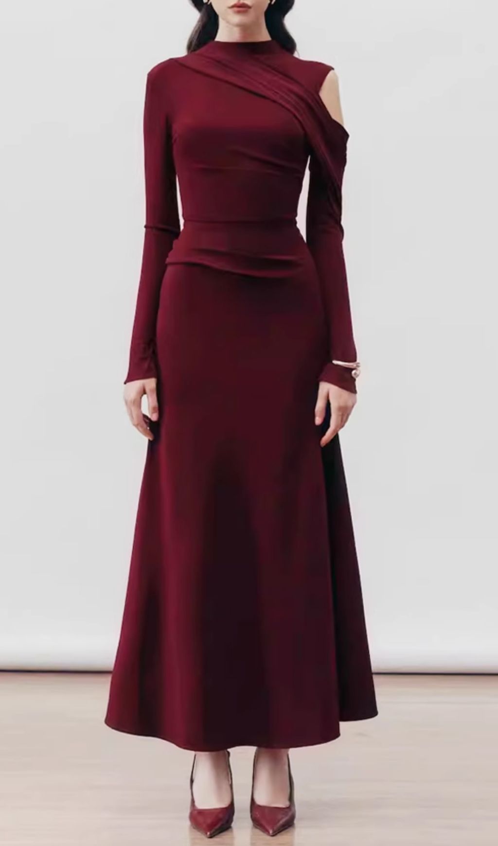 Gaines Wine Asymmetrical Draped Long Sleeve Maxi Dress