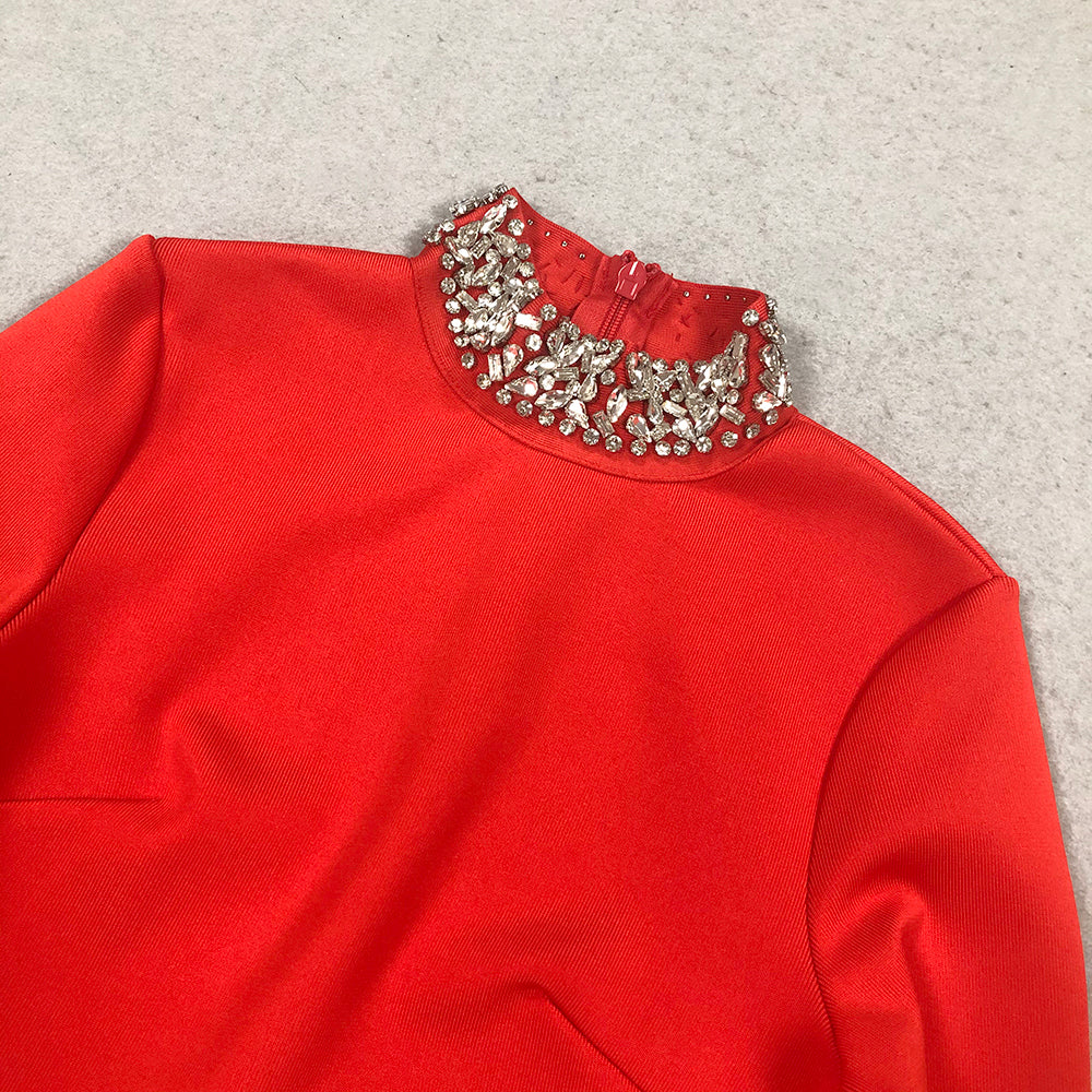 Glamorous Red Crystal Embellished Mock Neck Midi Dress
