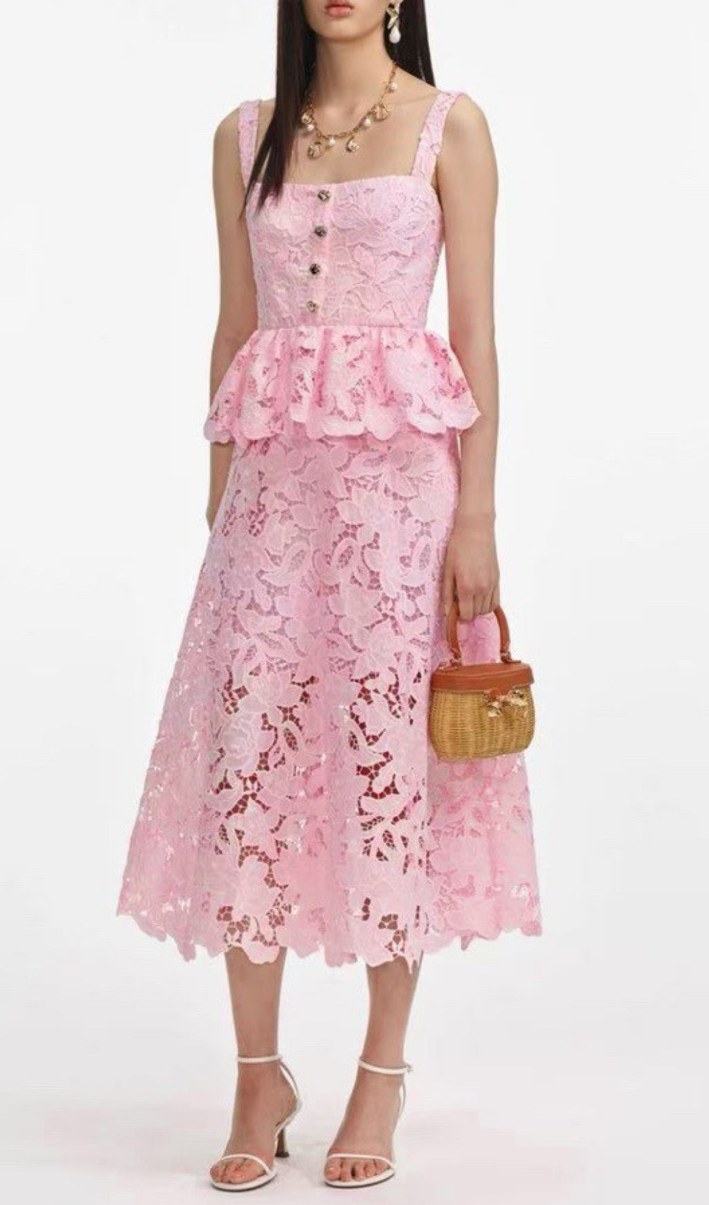 Fumito Chic Blush Pink Floral Lace Peplum Midi Dress for Women