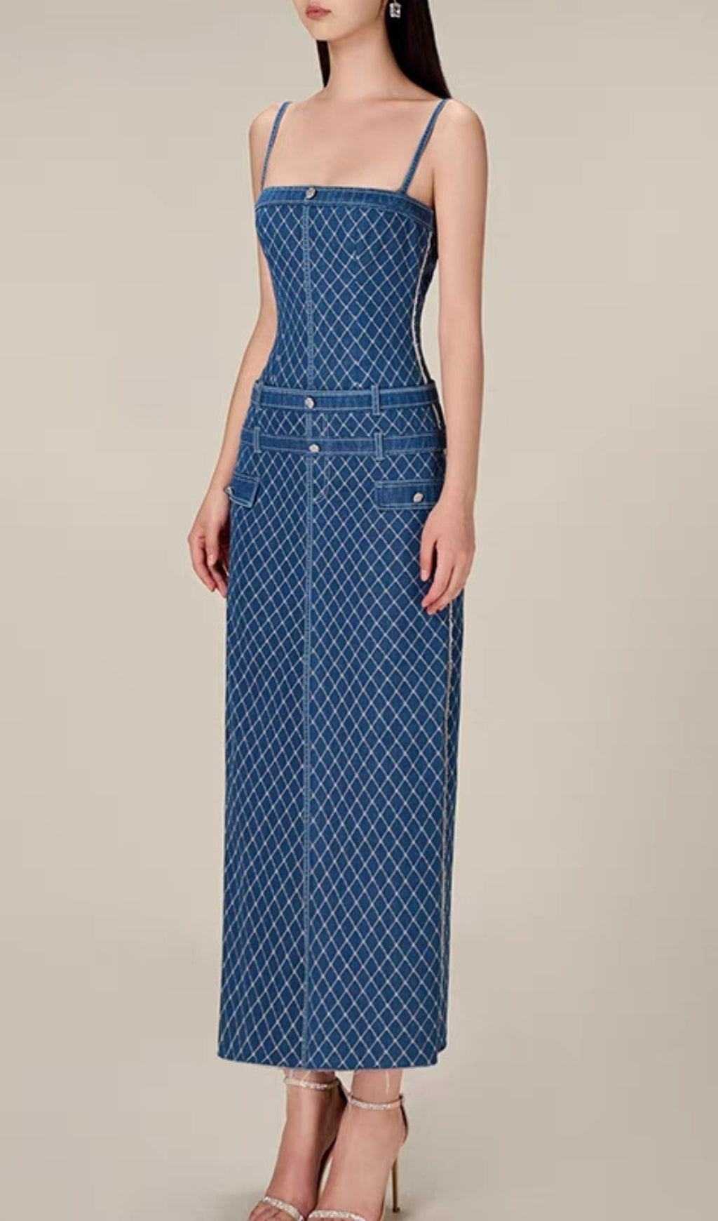 Celina Blue Quilted Denim Midi Dress