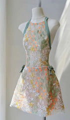 Itsuo Whimsical Floral Embroidered Halter Mini Dress