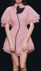 Glenda Pink Ruffled Mini Dress with Black Floral Embellishment