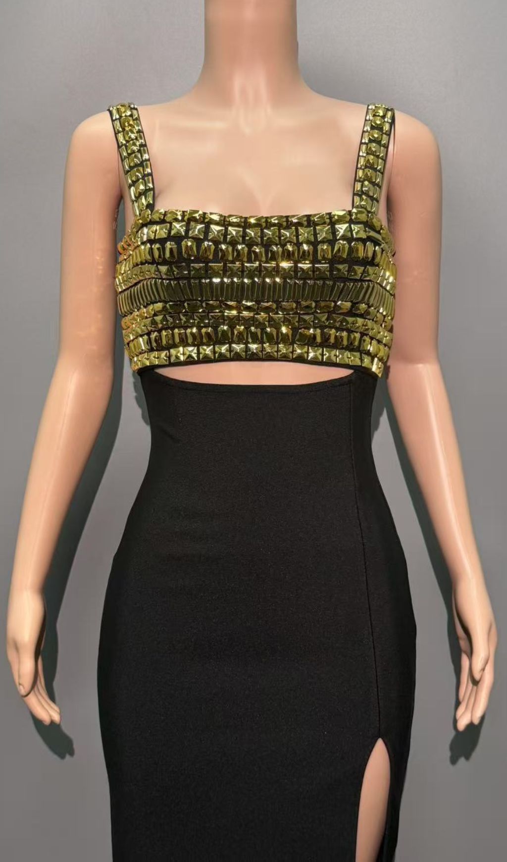 Dulcia Black & Gold Rhinestone Cut-Out Bandage Maxi Dress