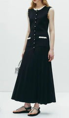 Elegant Black Sleeveless Maxi Dress with Pearl & Floral Beading