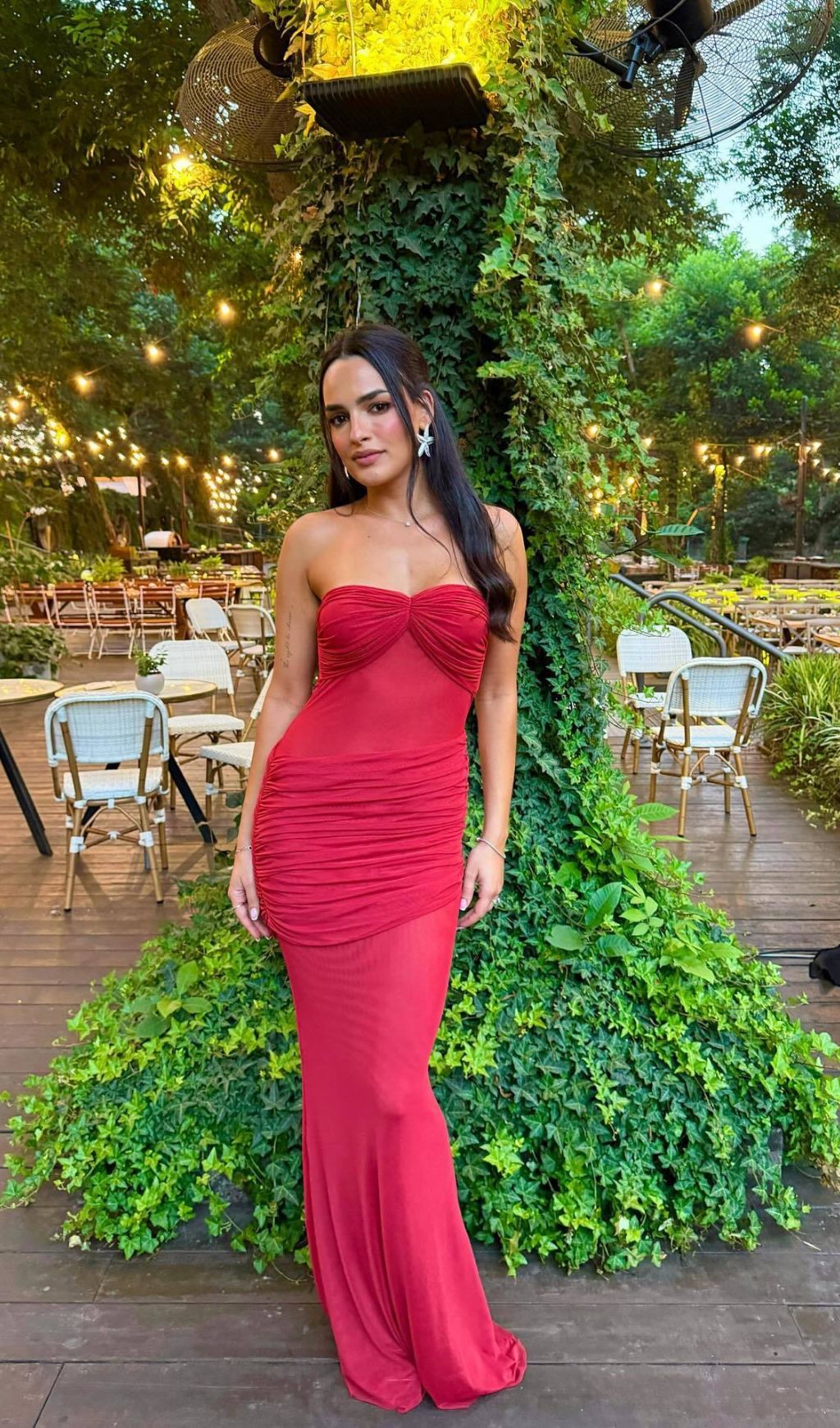 Gucin Glamorous Red Strapless Ruched Mesh Maxi Dress