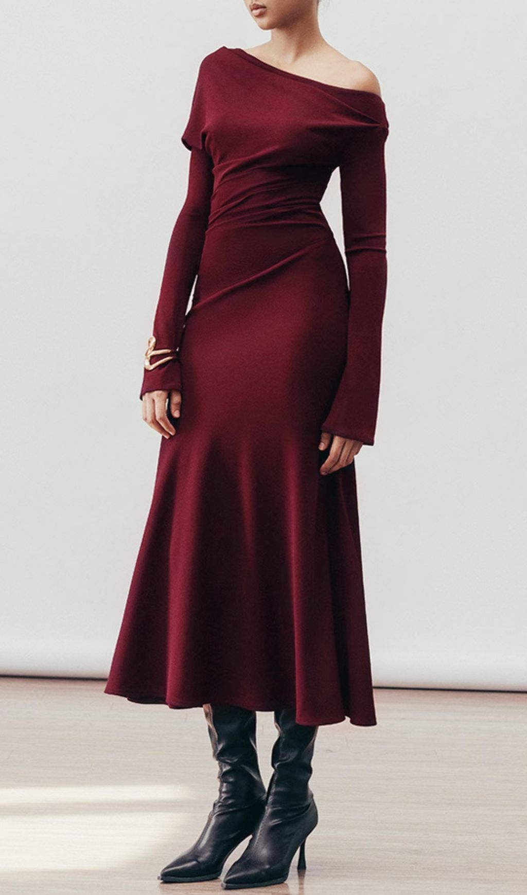 Gail Elegant Off-Shoulder Wine Midi Dress