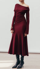 Gail Elegant Off-Shoulder Wine Midi Dress